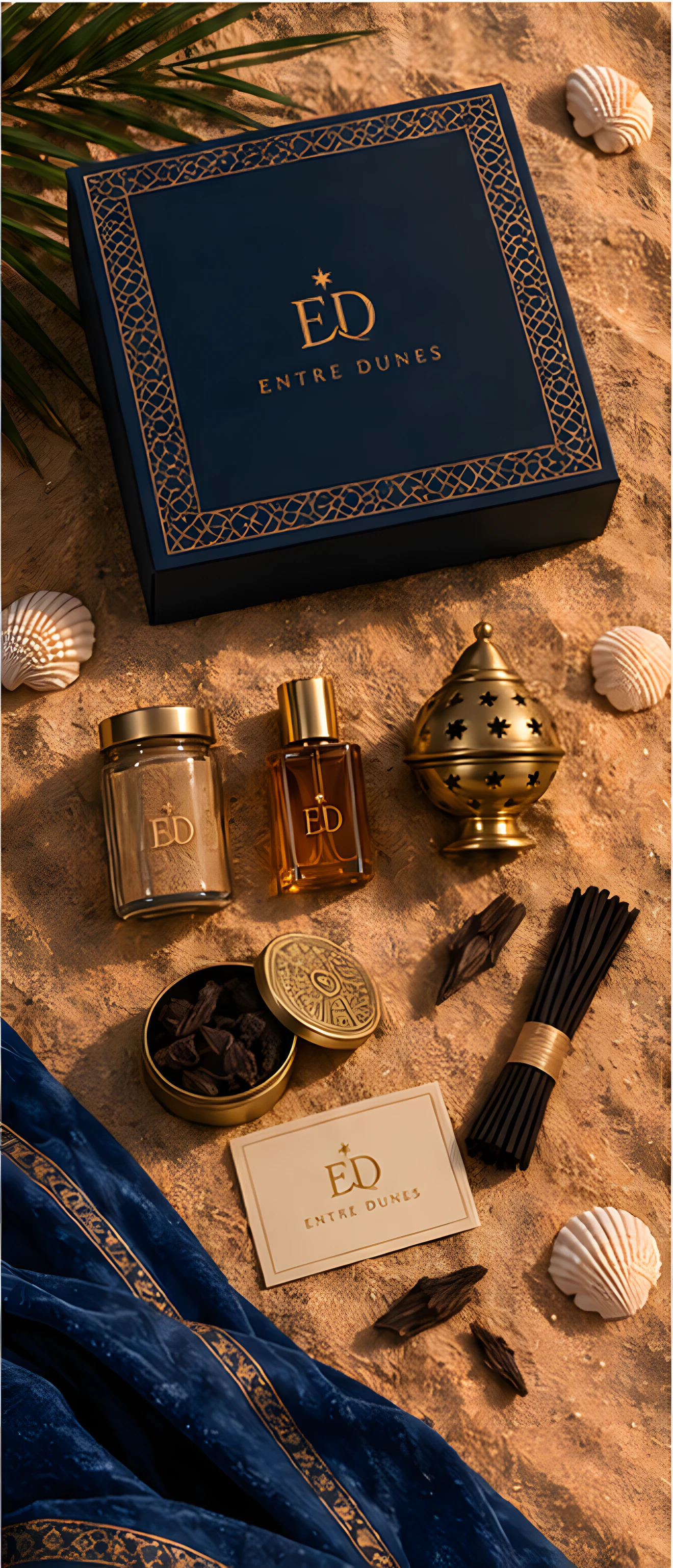 Les pièces du coffret posées sur le sable: le bocal de sable parfumé, le flacon, le brûle-parfum, la boîte d'oud, l'encens et la carte.